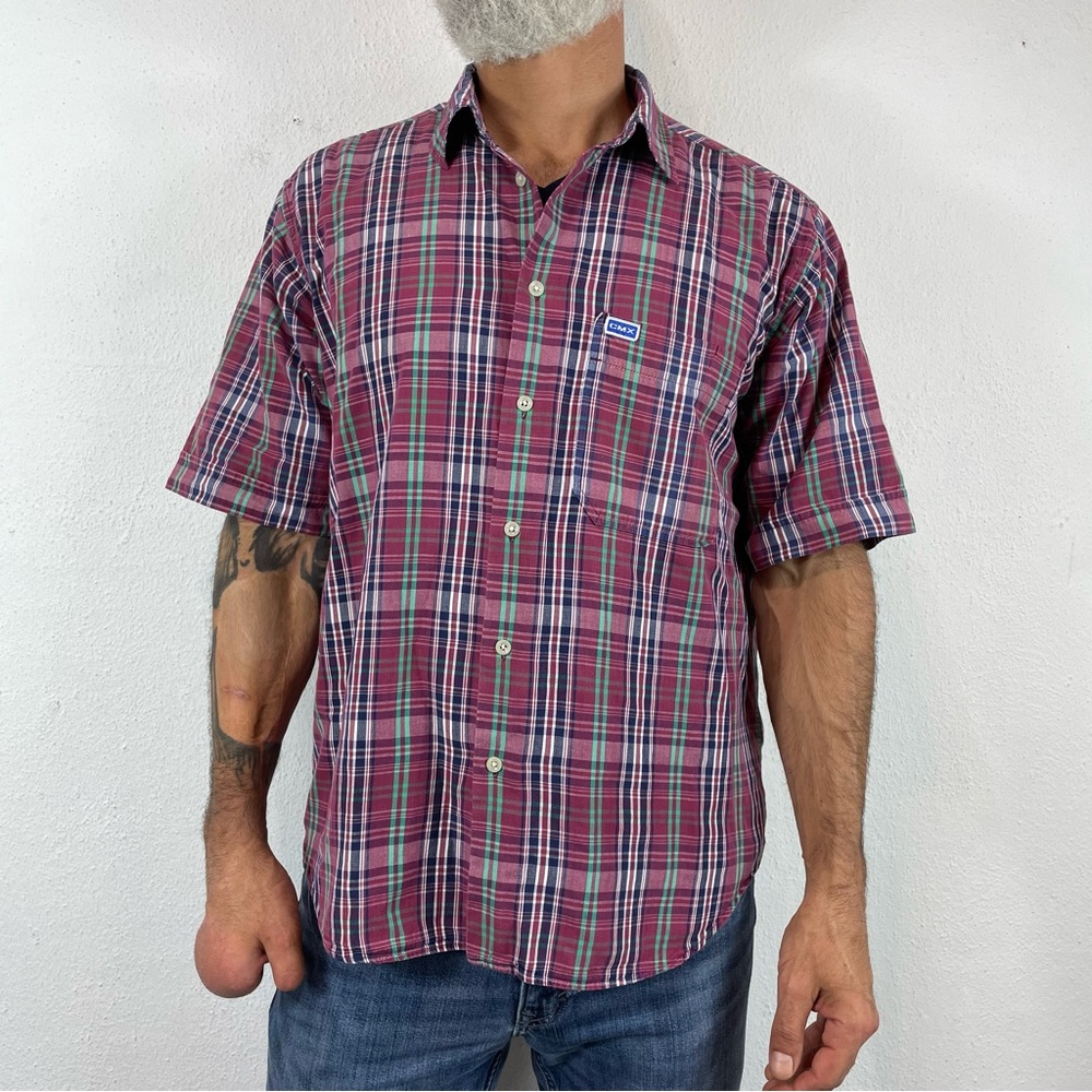 Vintage 1990s Short Sleeve Button Front Maroon Plaid Skater Shirt Size Large